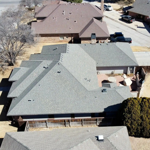 overhead view of two shingle roofs