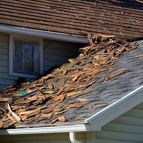 shingle roof covered in debris after a storm